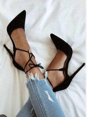 Shoe Republic LA Black Lace-Up Pointed Toe Heels
